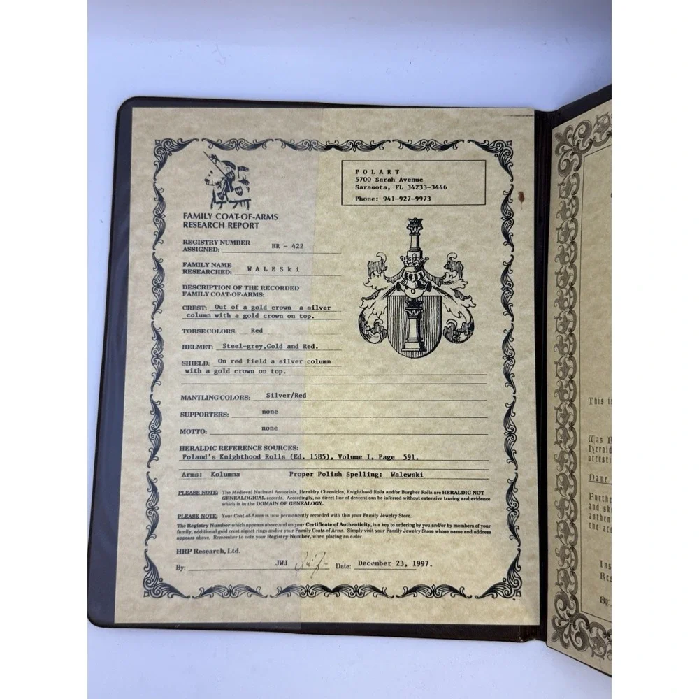 Heraldic Ancestry Waleski‎ Walewski Polish Coat of Arms Certificate 1997